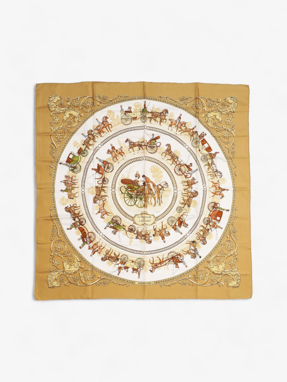 Hermes Carré 90 Longchamp Heno Stroll Scarf  Gold / White Silk 90 Image 1