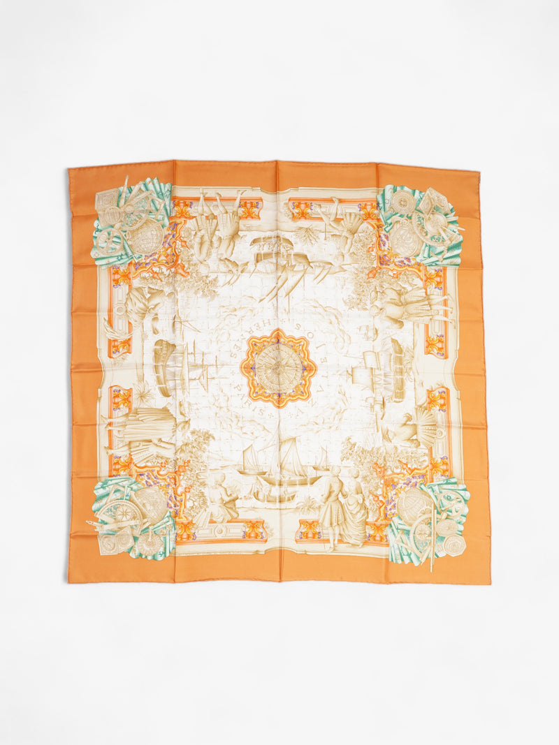  Hermes Carré 90 Azulejos Scarf  Orange / Green / Beige Silk 90