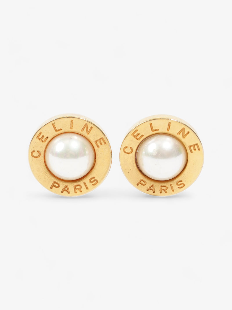  Celine Logo Pearl Clip On Earrings Gold Base Metal