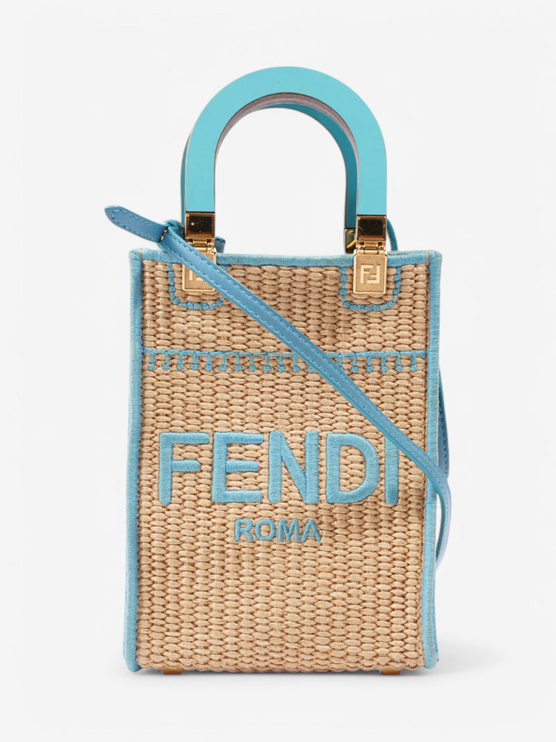  Fendi Sunshine Shopper Beige / Blue Raffia Mini