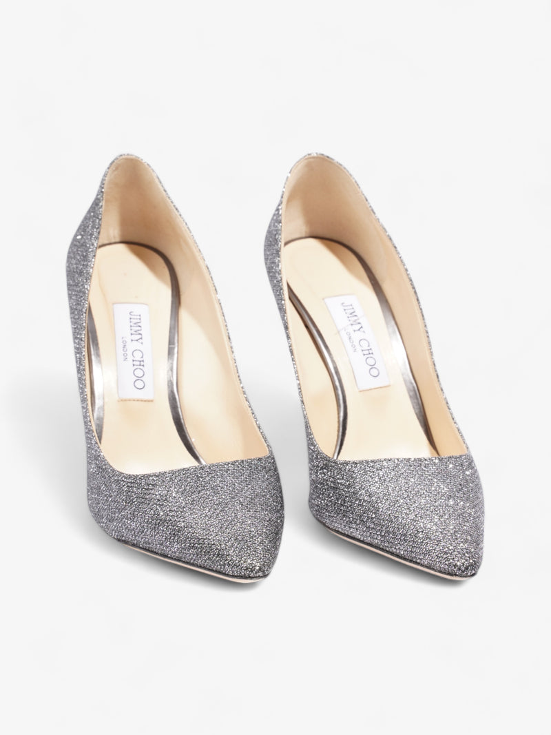  Jimmy Choo Romy Heels 100mm Silver Glitter EU 39 UK 6