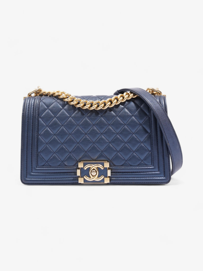  Chanel Boy Bag Navy Blue Lambskin Leather Medium