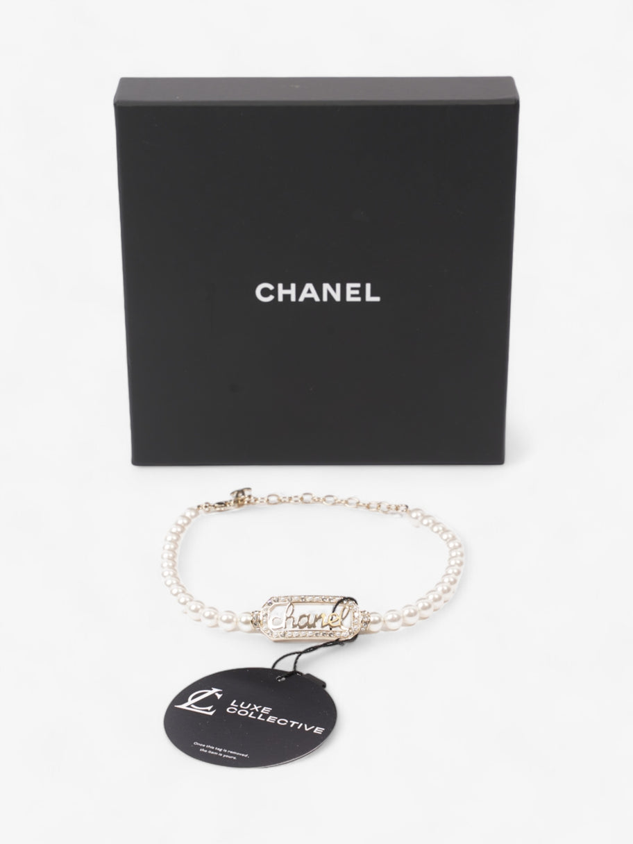 Chanel Logo Pearl Necklace Light Gold Base Metal Image 5