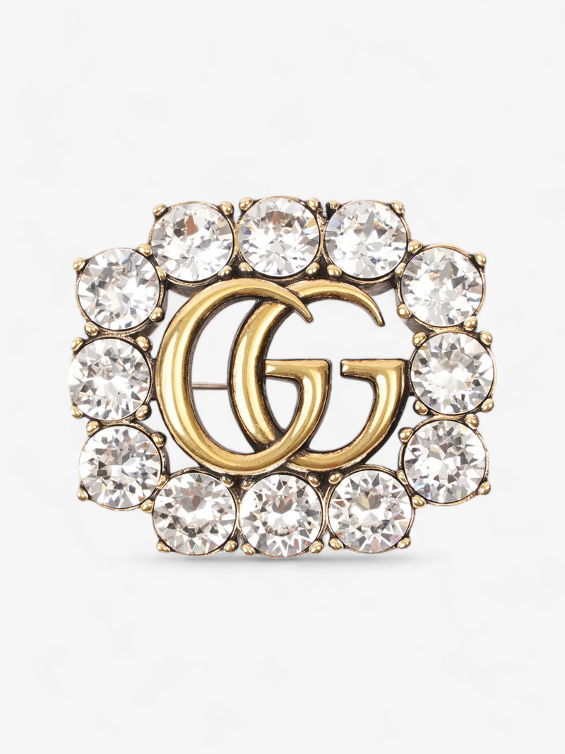  Gucci Crystal Double G Brooch Aged Gold Base Metal