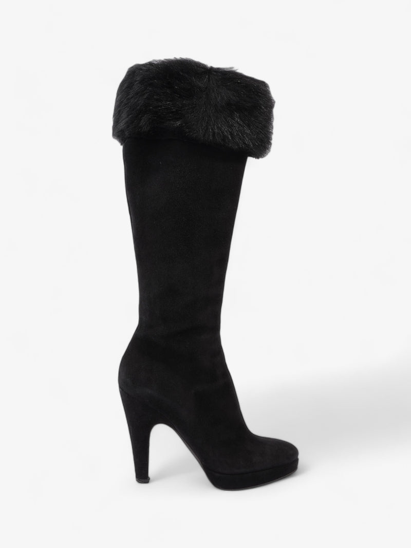  Prada Fur Trim Calf Boots 100mm Black Suede EU 37 UK 4