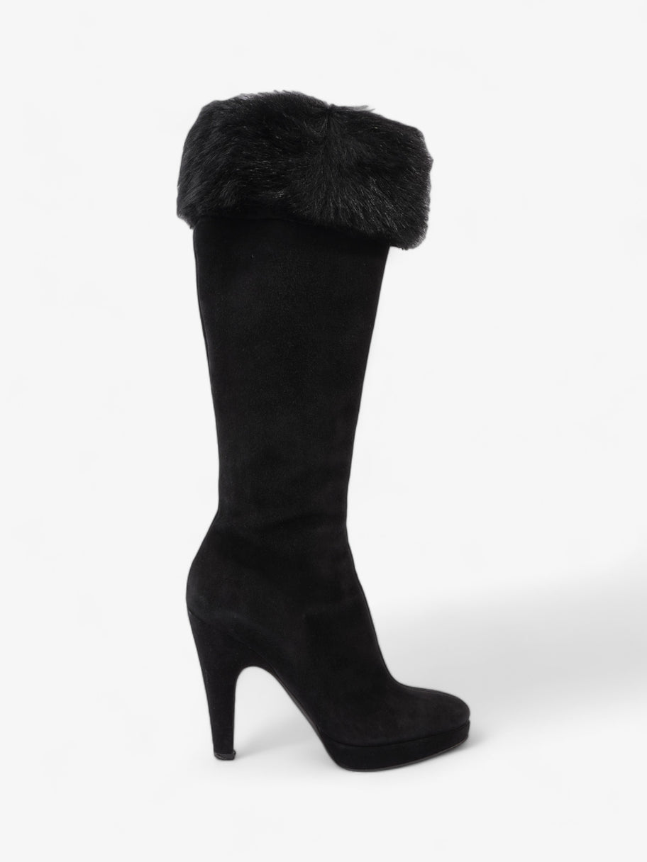 Prada Fur Trim Calf Boots 100mm Black Suede EU 37 UK 4 Image 1