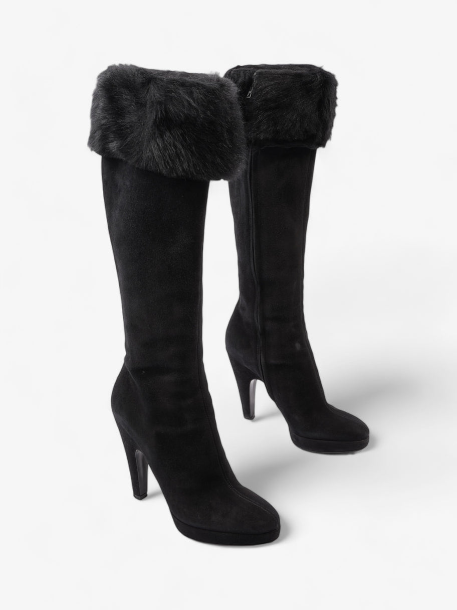 Prada Fur Trim Calf Boots 100mm Black Suede EU 37 UK 4 Image 2