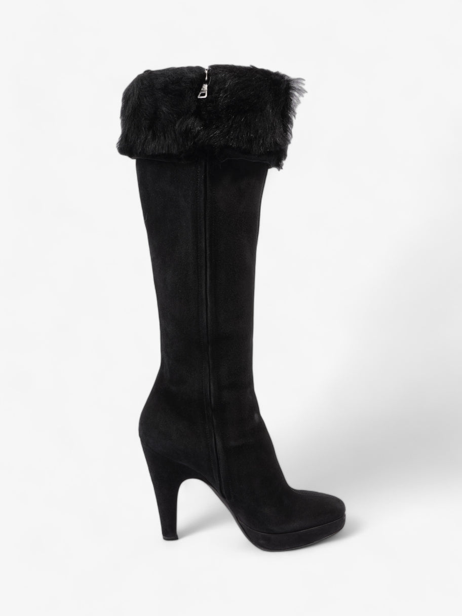 Prada Fur Trim Calf Boots 100mm Black Suede EU 37 UK 4 Image 4