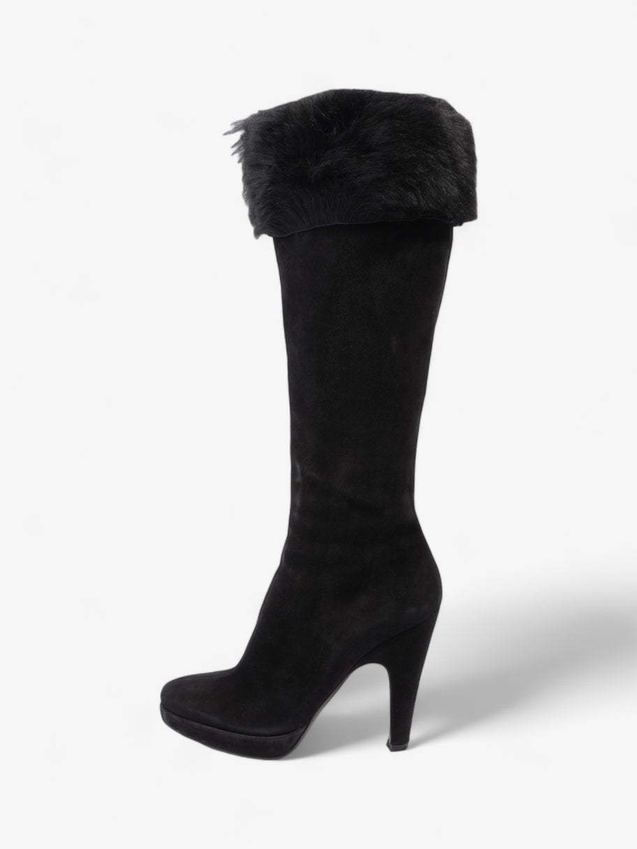 Prada Fur Trim Calf Boots 100mm Black Suede EU 37 UK 4 Image 5