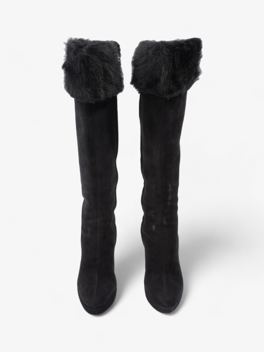 Prada Fur Trim Calf Boots 100mm Black Suede EU 37 UK 4 Image 8