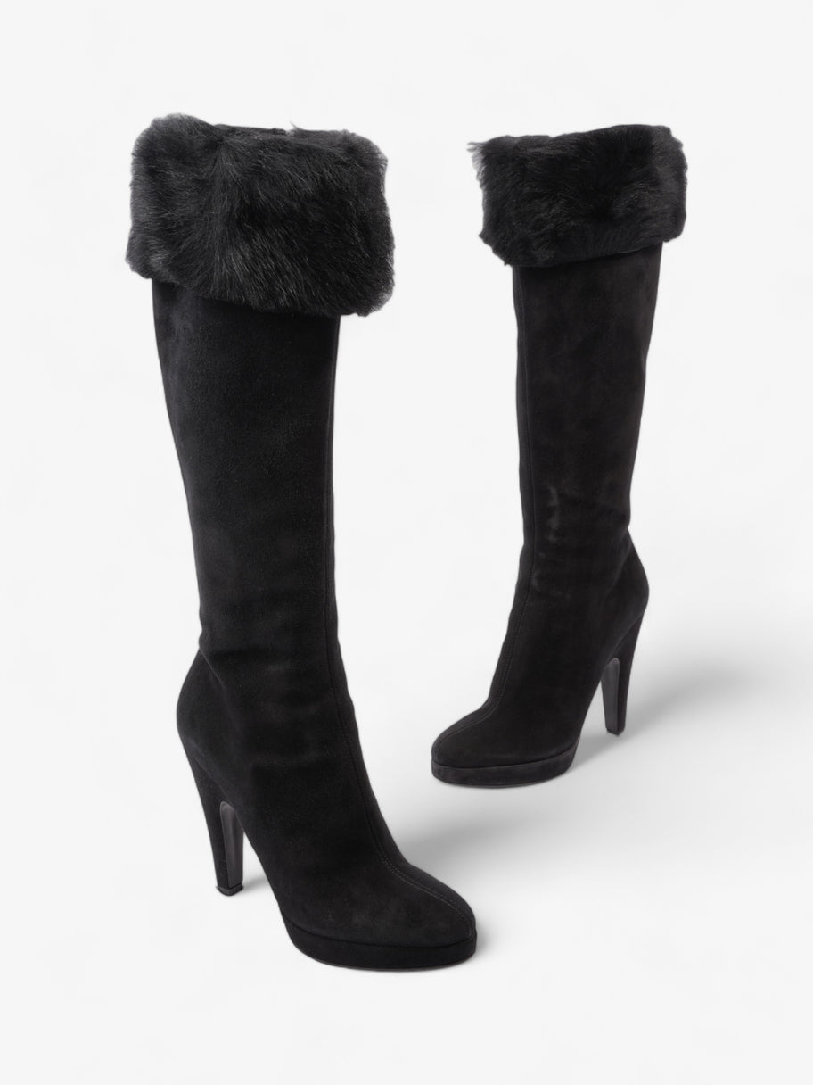 Prada Fur Trim Calf Boots 100mm Black Suede EU 37 UK 4 Image 9