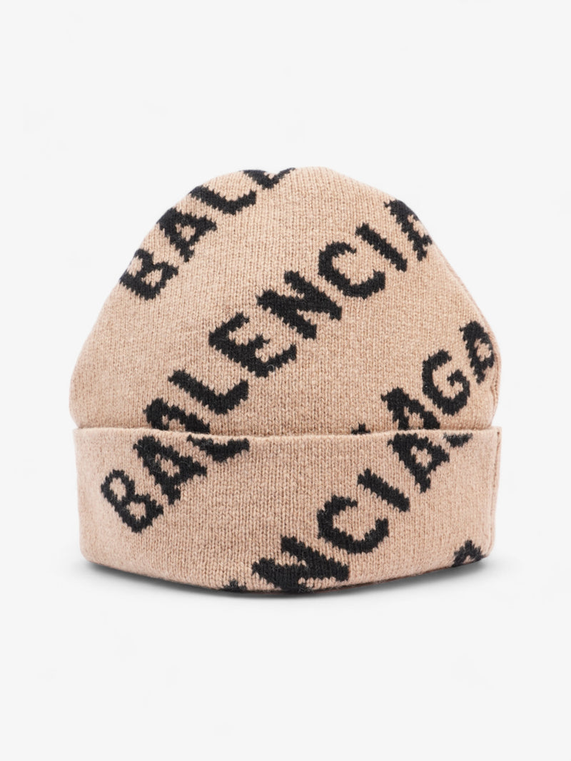  Balenciaga Allover Logo Beanie Beige / Black Wool