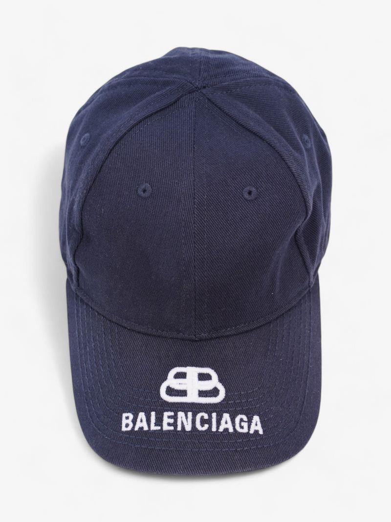  Balenciaga Logo Embroidered Cap Navy Blue / White Cotton Large