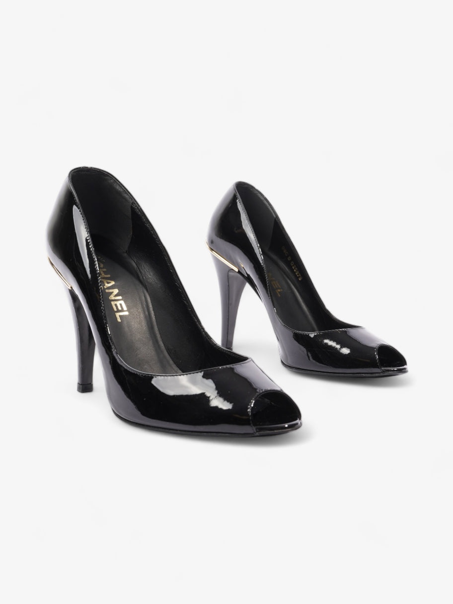 Chanel CC Logo Peep Toe Heels 85mm Black Patent Leather EU 38.5 UK 5.5 Image 2