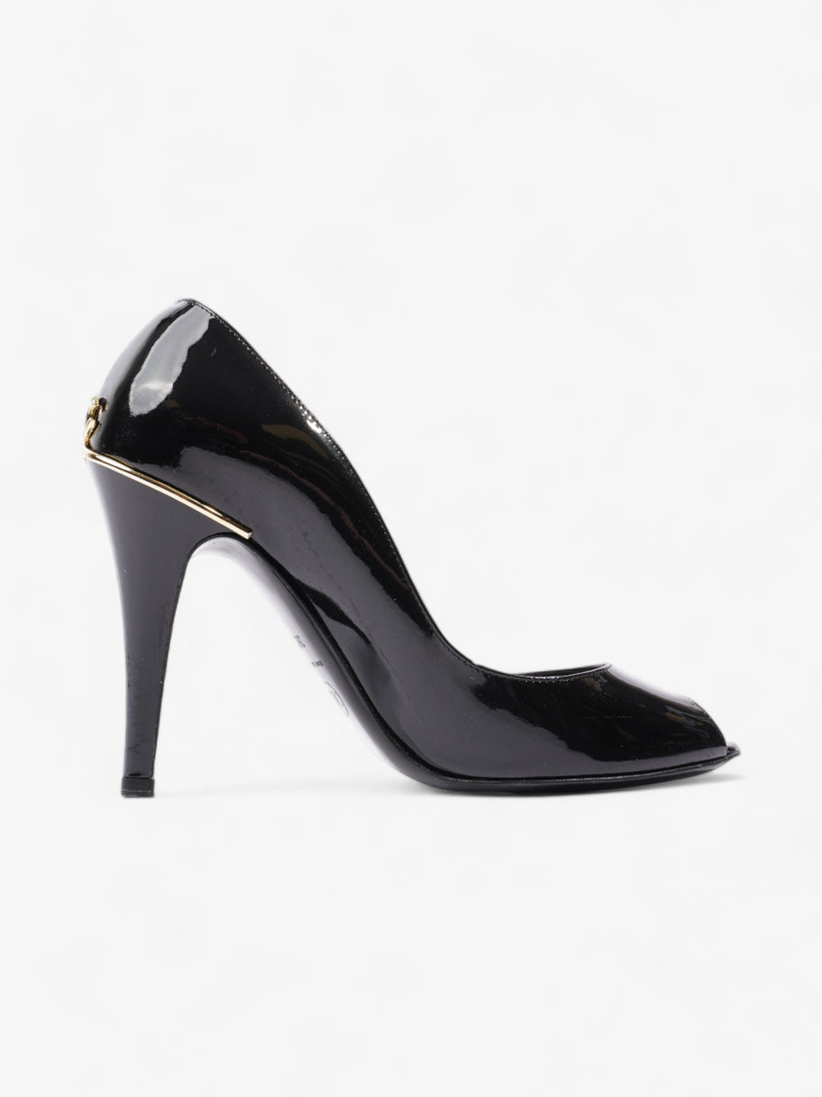 Chanel CC Logo Peep Toe Heels 85mm Black Patent Leather EU 38.5 UK 5.5 Image 4