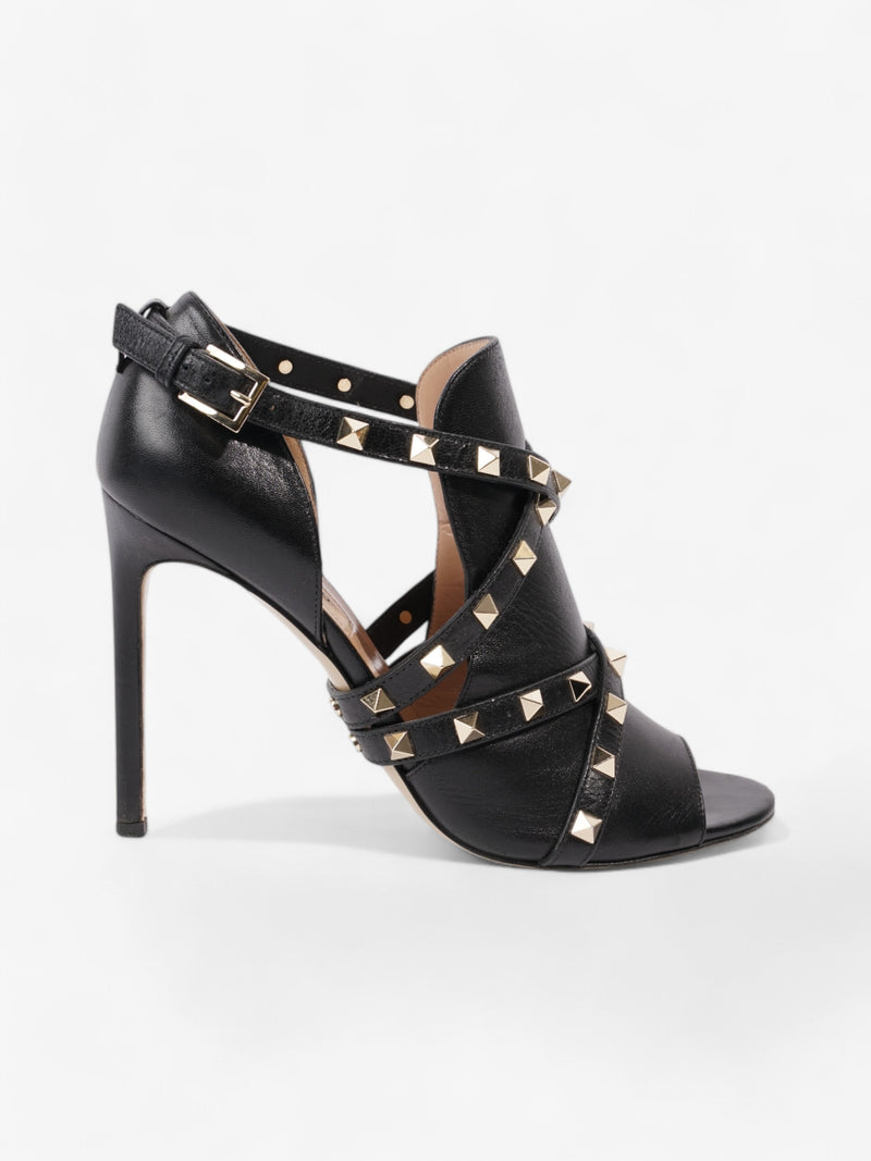  Valentino Rockstud Open Toe Heels 105 Black / Gold Leather EU 39 UK 6