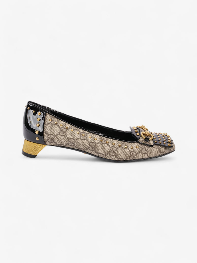  Gucci Horsebit Platform Pump 25 Beige  / Black / Gold Coated Canvas EU 37.5 UK 4.5