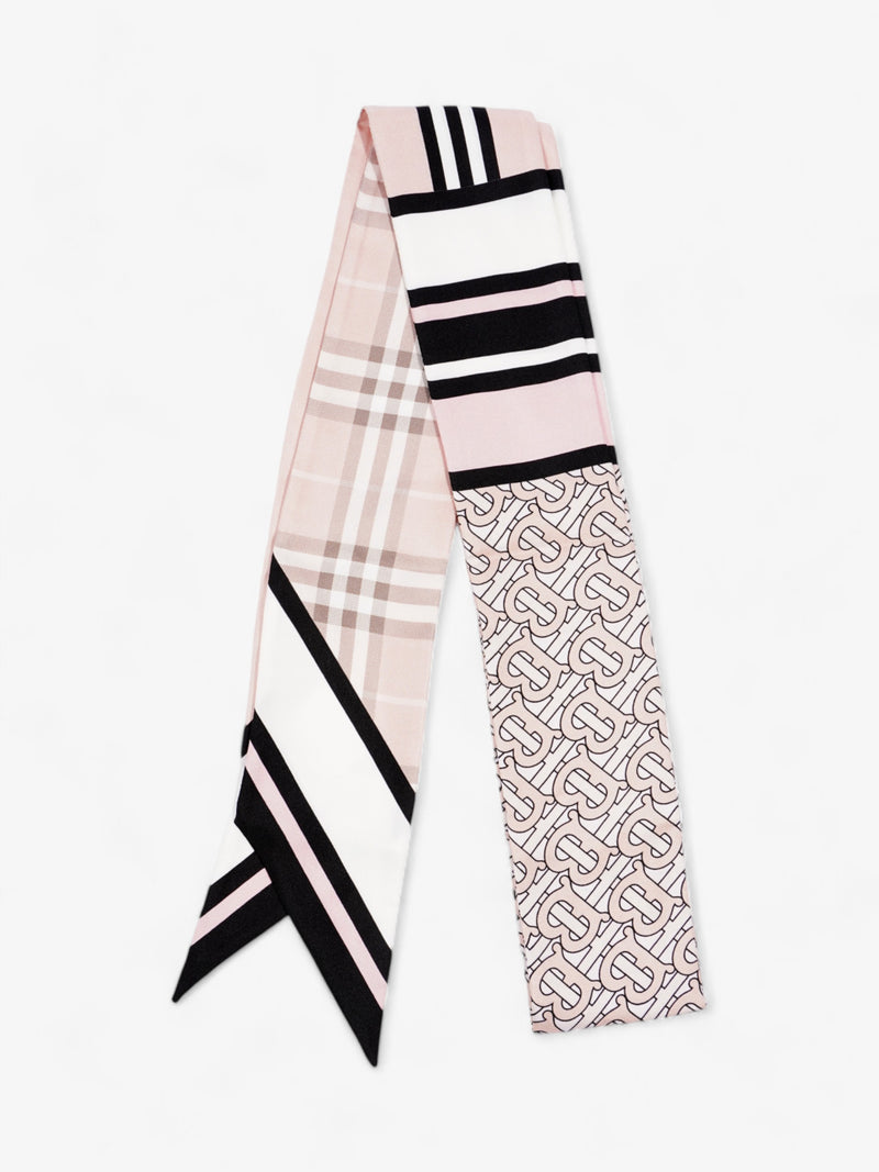  Burberry Triple Check Monogram Stripe Skinny Scarf Blush Silk