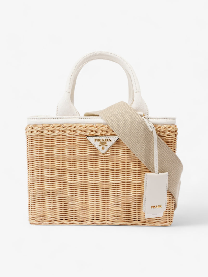  Prada Medium Wicker And Linen Blend Tote Tan / White Wicker