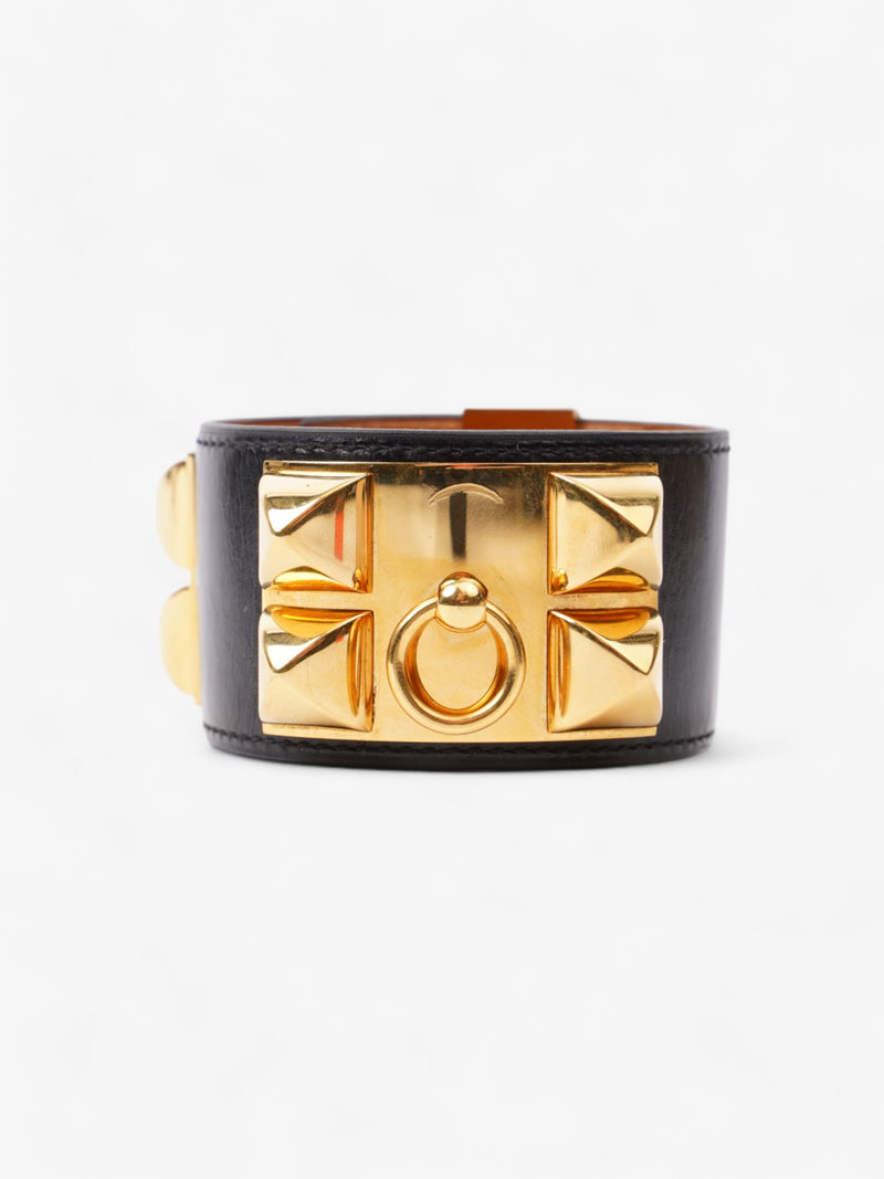  Hermes Collier De Chien Bracelet Black / Gold Calfskin Leather T2 (Small)