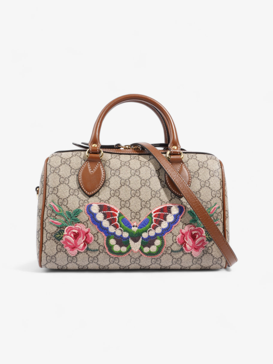 Butterfly And Roses Embroidered Boston Bag Beige And Ebony GG Supreme / Brown / Multicoloured Butterfly Coated Canvas Image 1