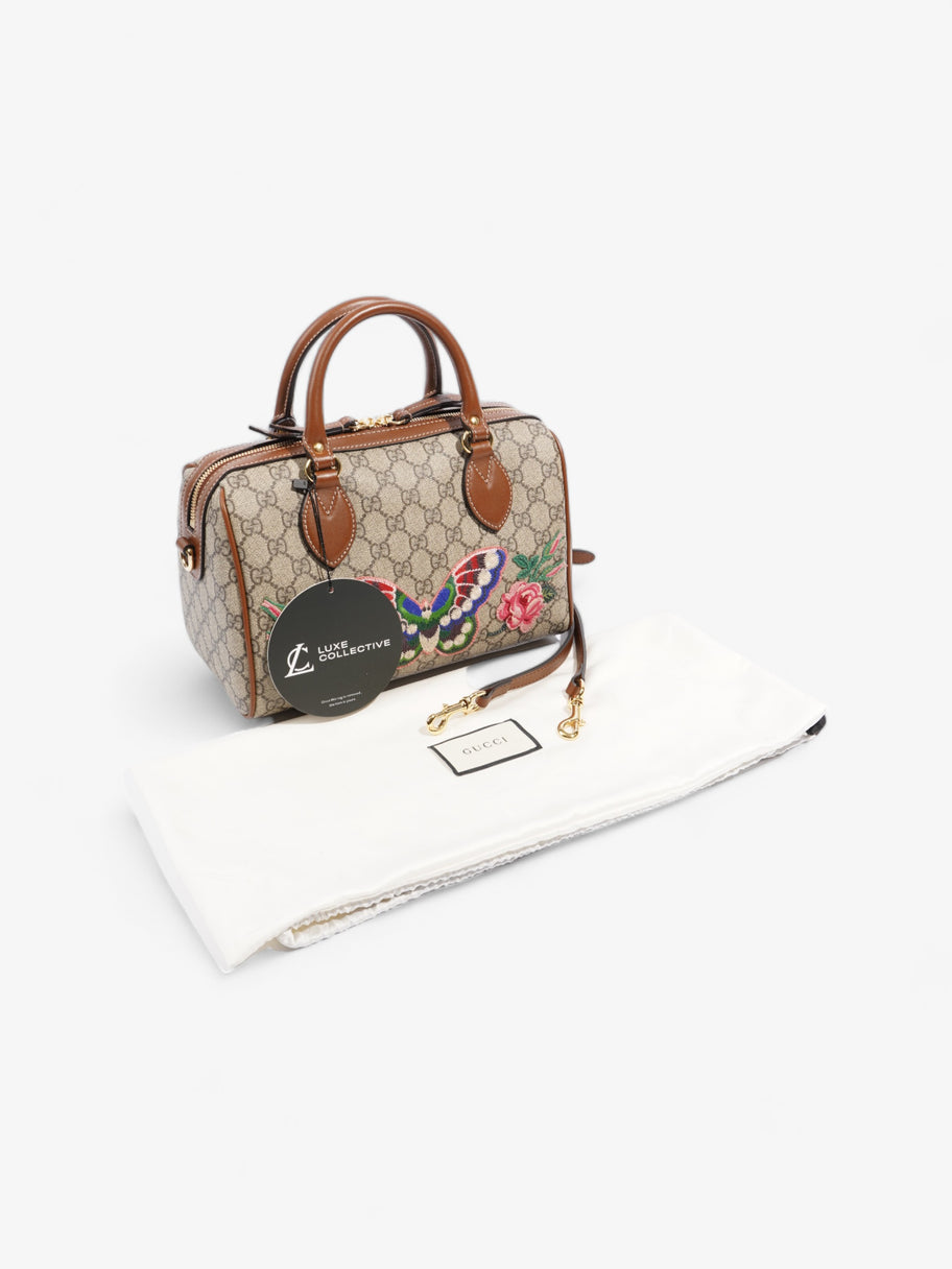 Butterfly And Roses Embroidered Boston Bag Beige And Ebony GG Supreme / Brown / Multicoloured Butterfly Coated Canvas Image 9