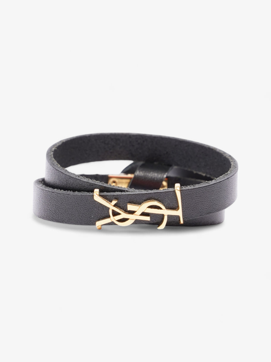 Saint Laurent Cassandre Double Wrap Bracelet Black / Gold Calfskin Leather Image 1