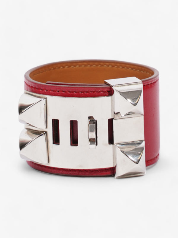 Hermes Collier De Chien Bracelet Rouge / Palladium Calfskin Leather T3 (Medium)