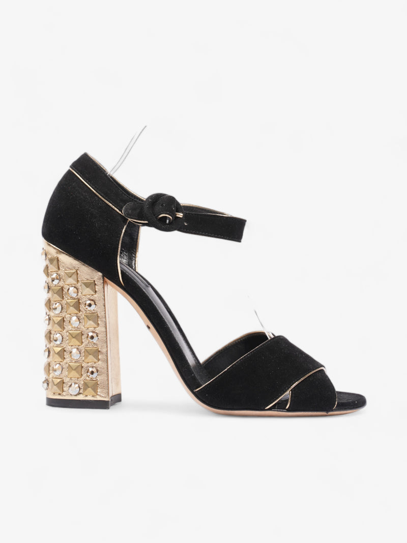  Dolce and Gabbana Crystal Embellished Block Heel 85mm Black / Gold Suede EU 39.5 UK 6.5