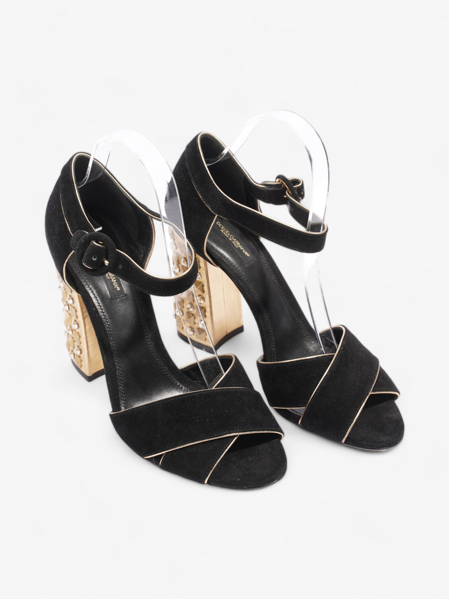 Dolce and Gabbana Crystal Embellished Block Heel 85mm Black / Gold Suede EU 39.5 UK 6.5 Image 9