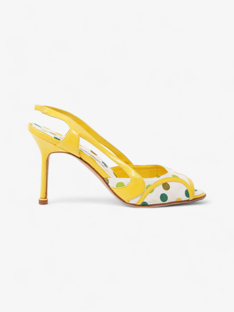  Manolo Blahnik Polka Dot Detailed Open Toe Heels 65mm White / Yellow / Green Canvas EU 39 UK 6