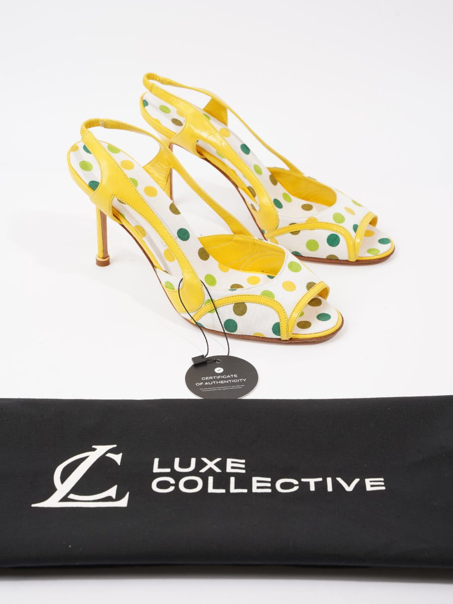 Manolo Blahnik Polka Dot Detailed Open Toe Heels 65mm White / Yellow / Green Canvas EU 39 UK 6 Image 10