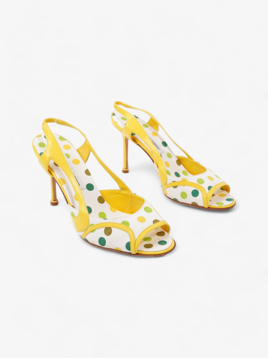 Manolo Blahnik Polka Dot Detailed Open Toe Heels 65mm White / Yellow / Green Canvas EU 39 UK 6 Image 2