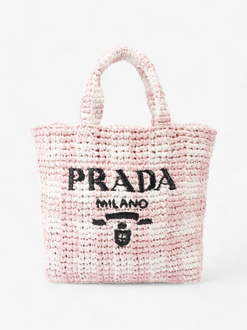  Prada Logo Tote Bag Pink / White / Black Raffia Small