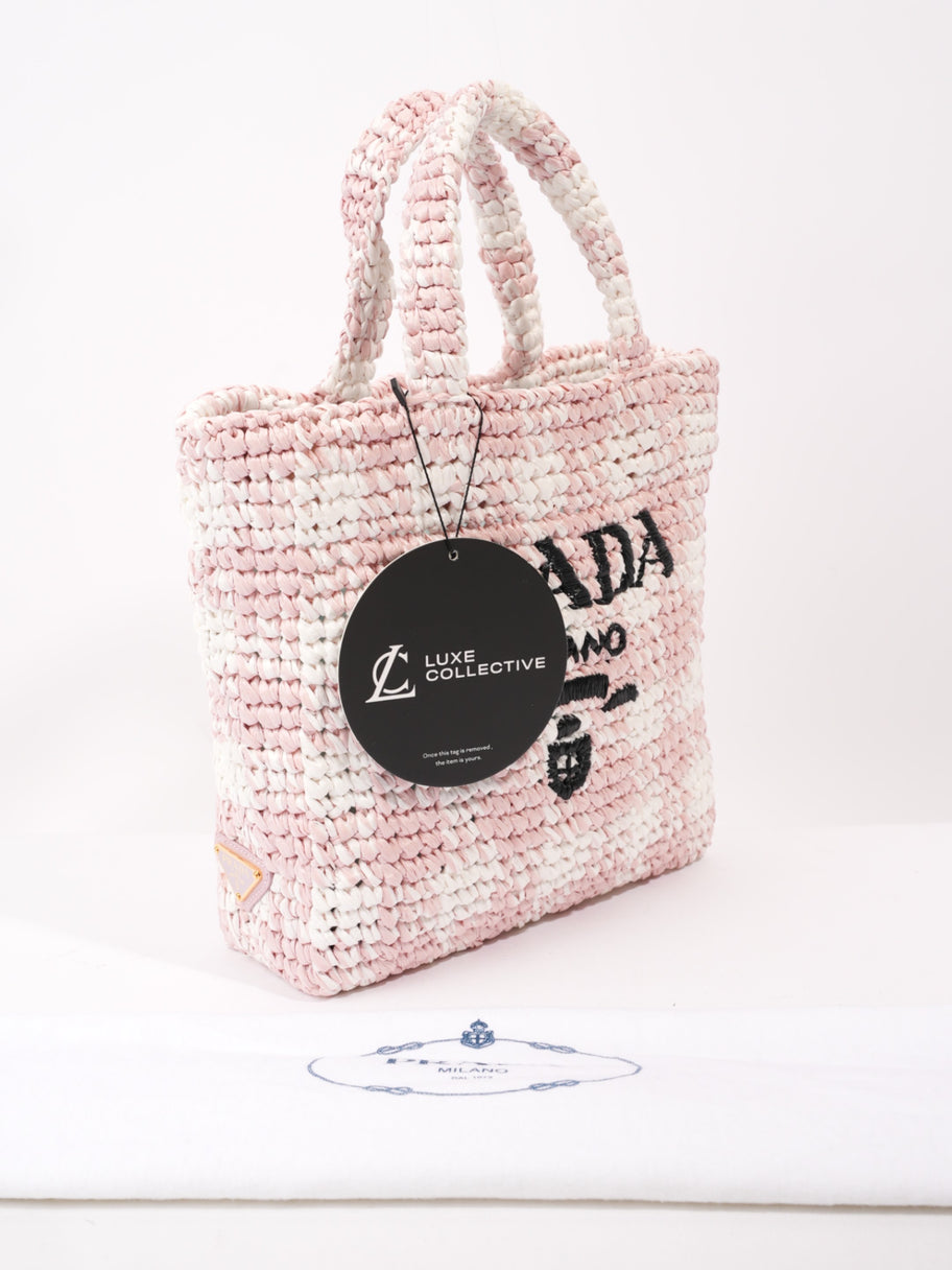 Prada Logo Tote Bag Pink / White / Black Raffia Small Image 10