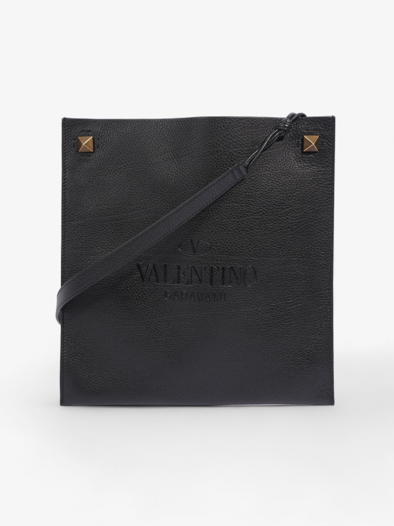  Valentino Logo Embossed Messenger Black Calfskin Leather