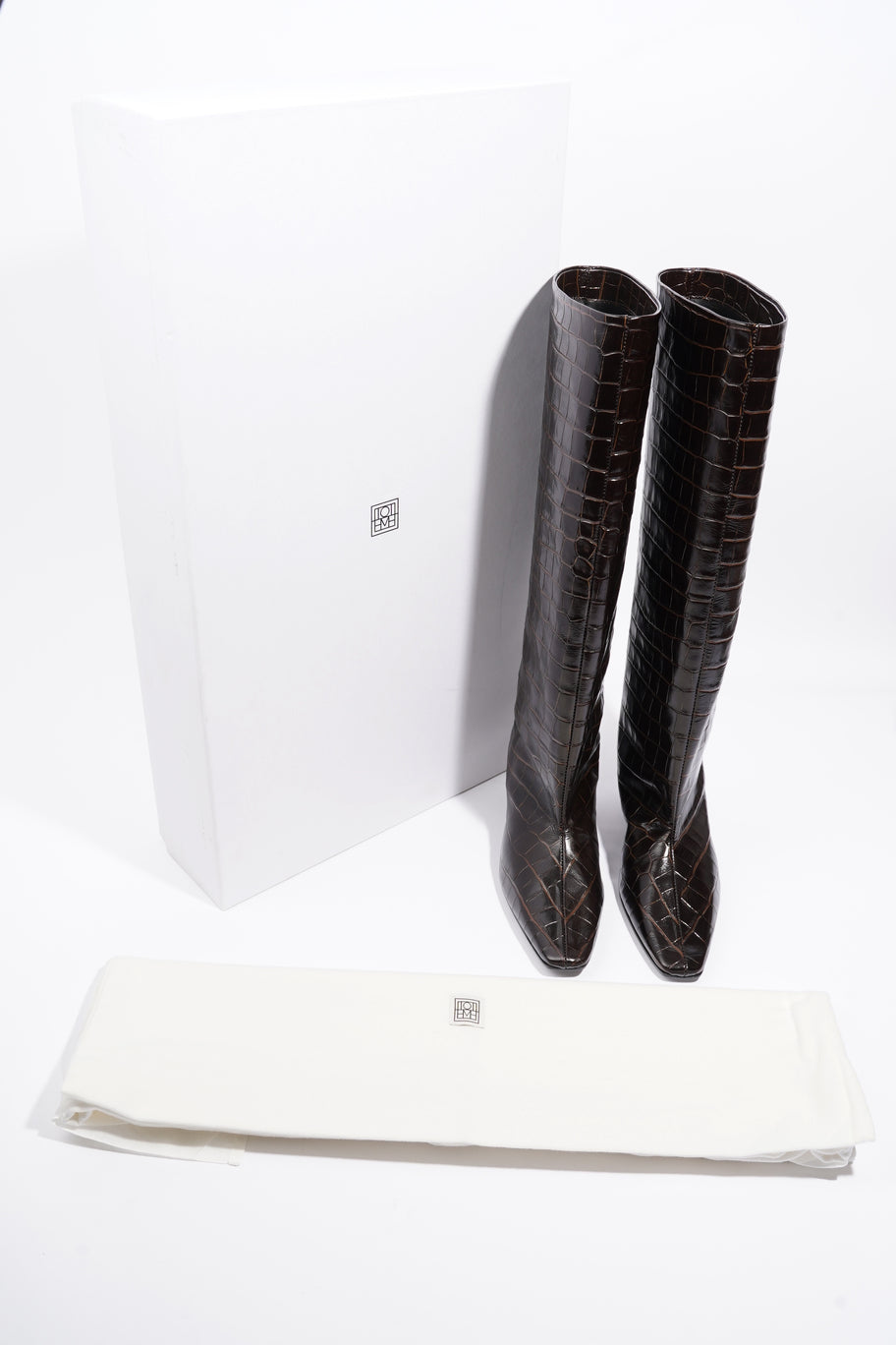 Toteme Croc-Effect Knee High Boots 40mm Dark Brown Leather EU 37 UK 4 Image 10