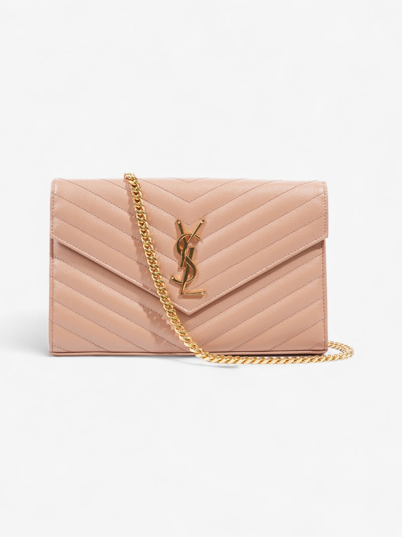  Saint Laurent Cassandre Envelope Chain Wallet Beige Matelasse Leather