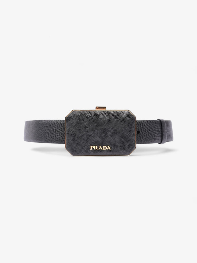  Prada Octagon Logo Belt with Bag Black / Gold Saffiano Leather 80cm / 32