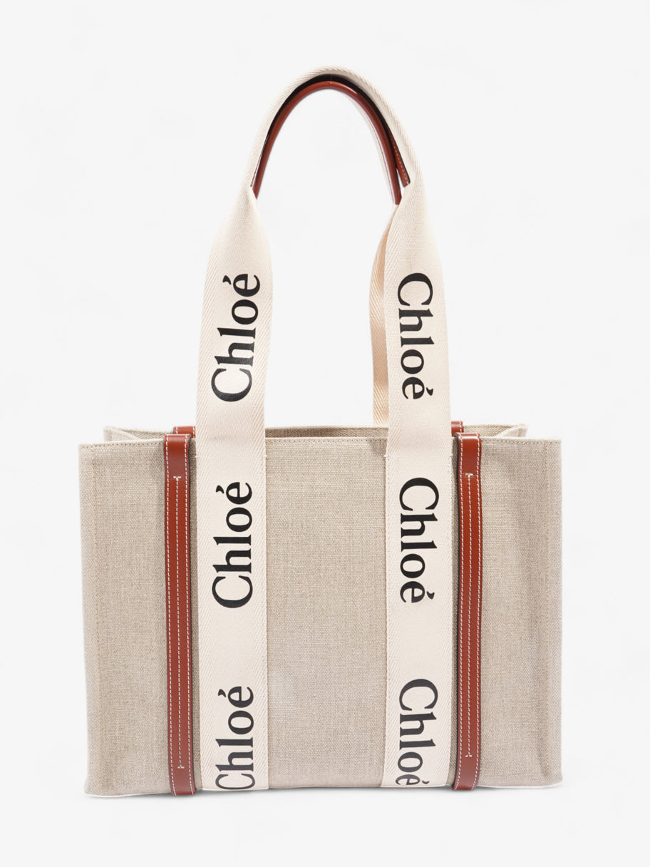 Chloe Woody Tote White Brown Cotton Medium Image 4