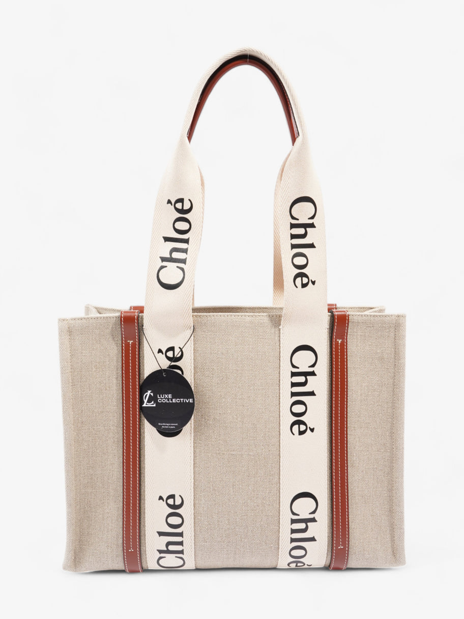 Chloe Woody Tote White Brown Cotton Medium Image 8