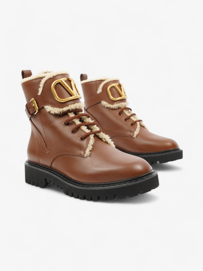  Valentino V Logo Combat Boots Brown Leather EU 38 UK 5