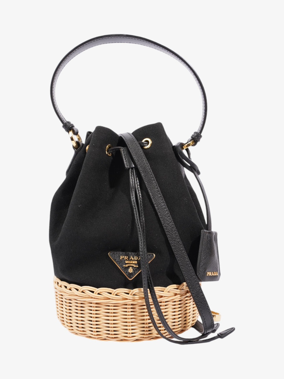 Prada Wicker Bucket Bag Black / Natural Canvas Image 1