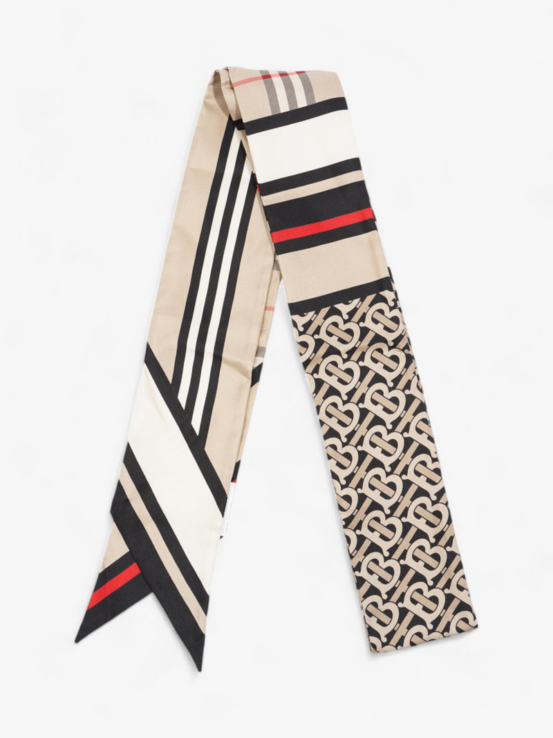  Burberry Triple Check Monogram Stripe Skinny Scarf Archive Beige Silk