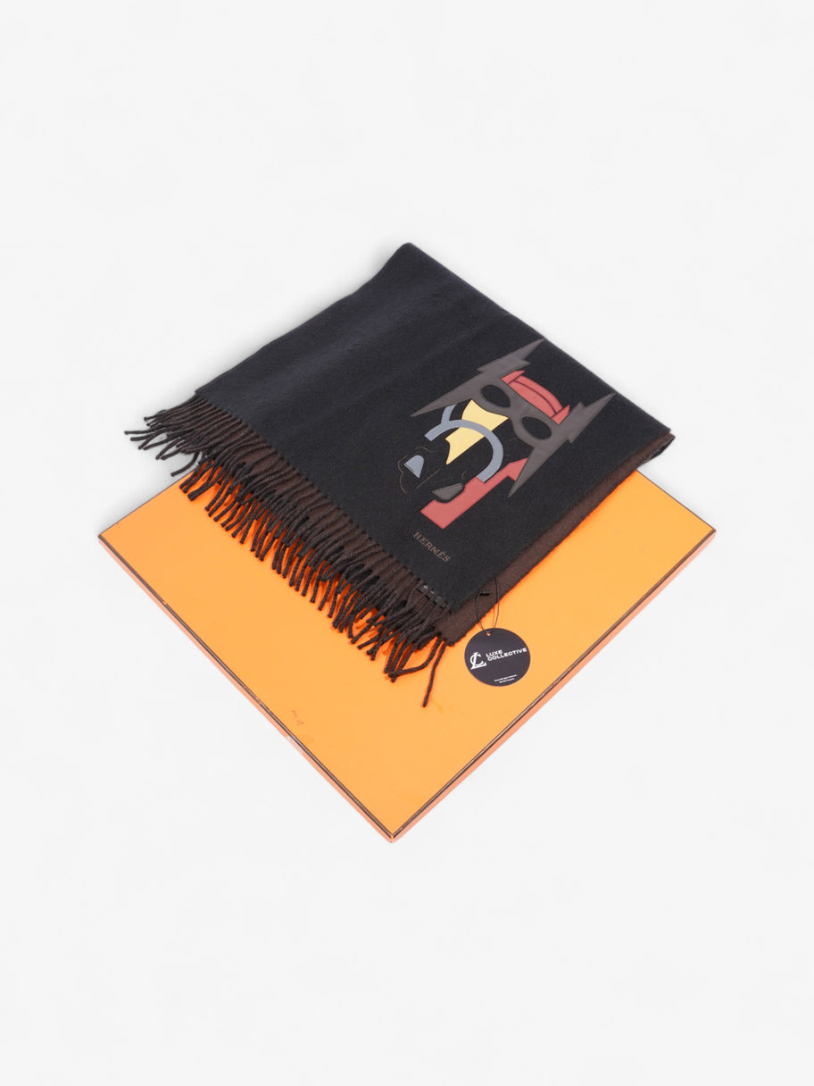 Hermes Cashmere Muffler Super H Leather Detail Black / Brown Cashmere Image 5