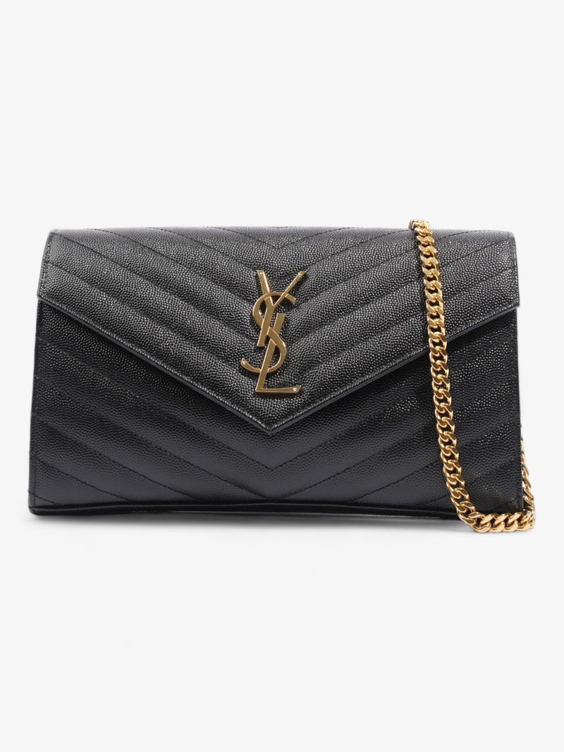  Saint Laurent Cassandre Envelope Chain Wallet Black Grained Leather