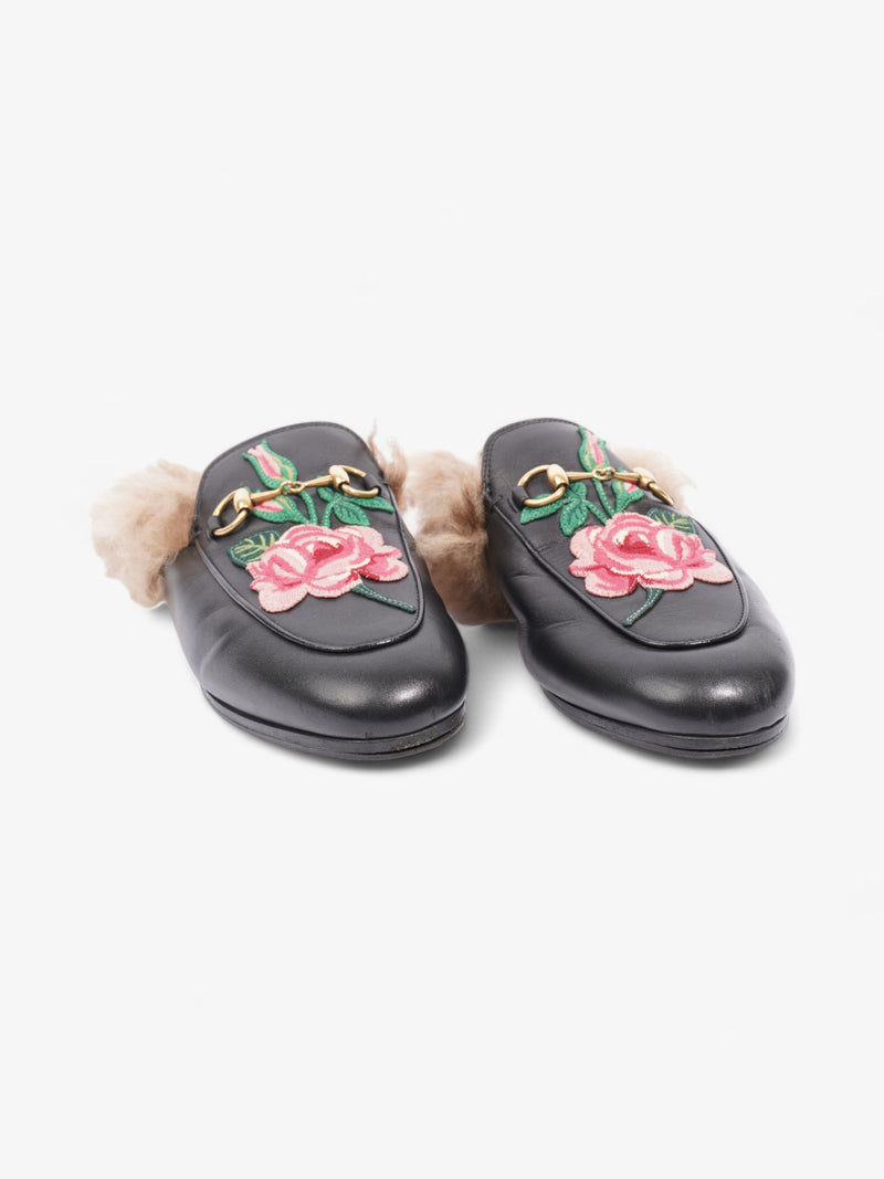  Gucci Princetown Rose Embroidered Horsebit Mules Black / Pink Leather EU 37 UK 4